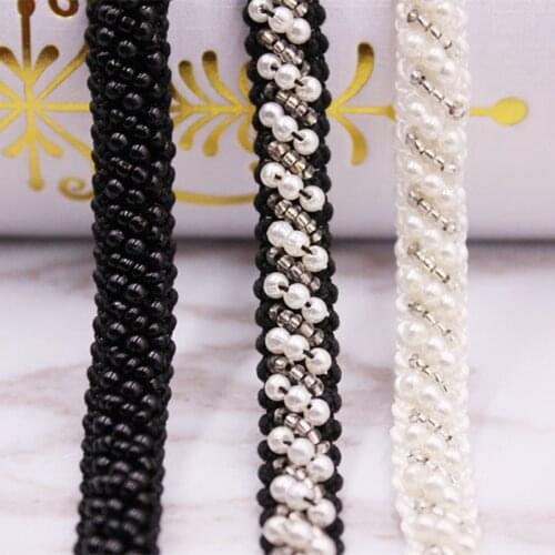 1Yards/Lot White Black Pearl Beaded Lace Ribbon Trim Embroidered Lace Fabric Beaded Fringe DIY Bag Clothing Accessories Material