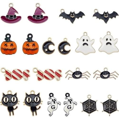 10Pcs/10pair Alloy Halloween Hat Ghost Spider Net Candy Cat Bat Necklace Party Jewelry Findings pumpkin Moon DIY Anklet Keychain
