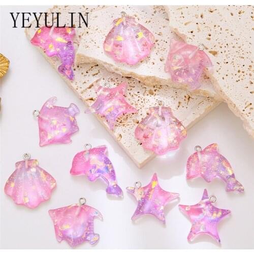 10PCS/PACK Shiny Pink Shell Starfish Dolphin Resin Charms Glittering Pendant For Women DIY Necklace Bracleet Jewelry Accessories