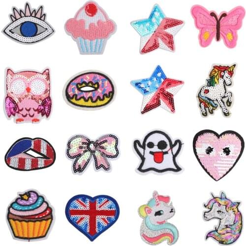 5PCS Cute Cartoon Embroidered Patches for Clothing Animal Unicorn Stripes Patch Sequins Patch Iron on Patches for Clothes