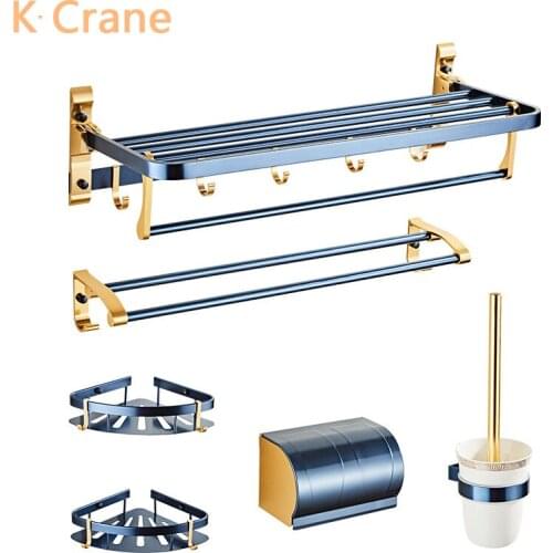 Blue Bathroom Accessories Set Space Aluminum Towel Shelf Waterproof WC Toilet Roll Paper Box Wall Mount Bath Towels Bar Holder