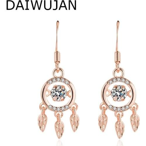 DAIWUJAN Dreamlike Hollow Dreamcatcher Drop Earrings for Women Rose Gold Silver Plated Zircon Ear Hook Earring 925 Party Jewelry