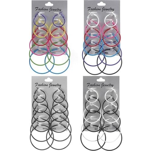 6pair /Lot Fashion Oversize Big Circle Hoop Earring Set Silvery Women Simple Punk Brincos Round Earrings Party Jewelry Gift