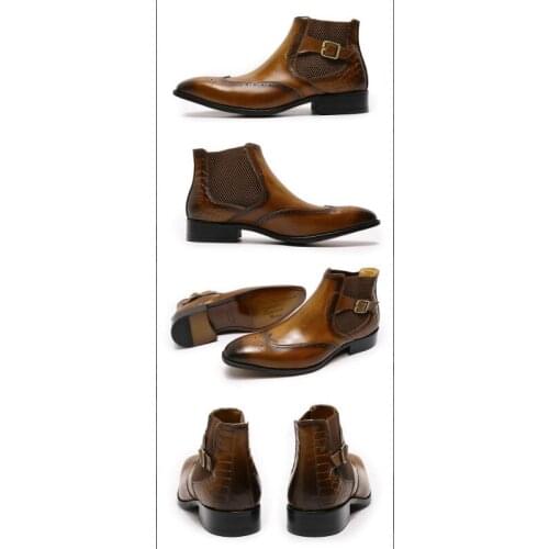 Brown Black Genuine Leather Mens Ankle Boots High Grade Slip On Buckle Strap Wingtip Leather Boot British Style Shoes Boots