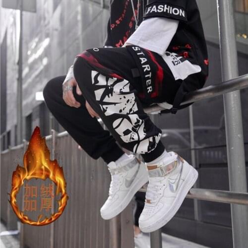 Printed net red pants mens national hip-hop plus velvet beam foot tide brand loose large size hip-hop pants winter