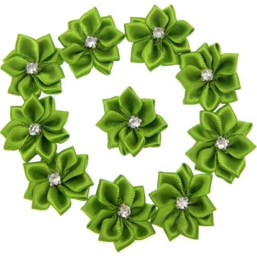 40Pcs Green Small Satin Flowers Fabric Rhinestone Flowers Appliques Sewing Decoration Wedding Garment 2.8cm
