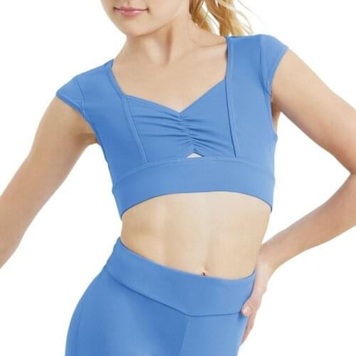 Childrens Ballet Gymnastic Swimsuit for Performance Dancing Girls Ballet Crop Top Cap Sleeves Pinched-Front Top for Dance Stage