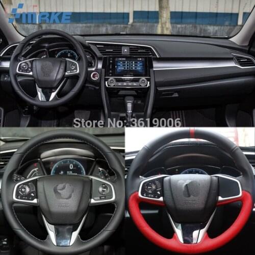For Honda Civic Civic 10th 2016 High Quality Hand-stitched Anti-Slip Black Red Leather Red Thread DIY Steering Wheel Cover