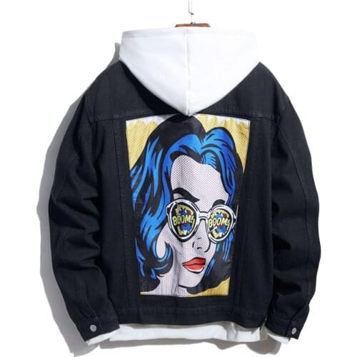 Hip Hop Streetwear Fashion Mens Loose Denim Coat Portrait Printed Black Casual Jean Jackets Homme Autumn Winter Cowboy Overcoat