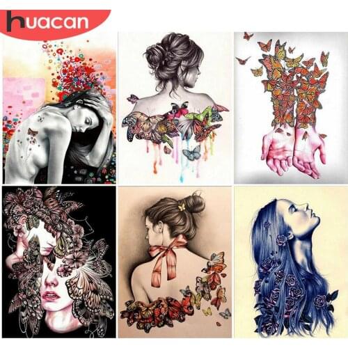 HUACAN Full Square Diamond Painting Girl Abstract DIY Diamond Embroidery Portrait Mosaic Rhinestone Animal Butterfly Decor
