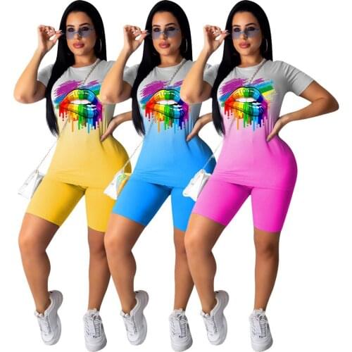 Imcute Sport Women Gradient Lips Two Piece Set O-neck Tee Tops Shorts Jogger Sweatpants Suit Tracksuit Matching Set Outfit