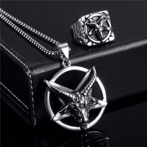 Elfasio Jewelry Set Ring Penadnt Necklace Set Pentagram Baphomet Goat Devil Shar Symbol Stainless Steel Chain Vintage