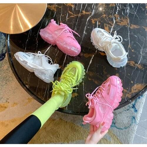 Lovely Pink Chunky Sneakers Women 2021 Thick Sole Girls Sport Shoes Bright Green Fashion Casual Dad Shoes Female Footwear