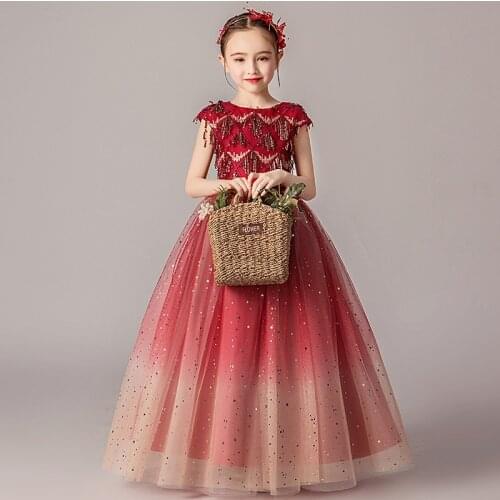 Girl Sequins Red Dress Flower Girls Wedding Gown Kids Christmas Birthday Party Dresses For Children Lace Long Vestidos