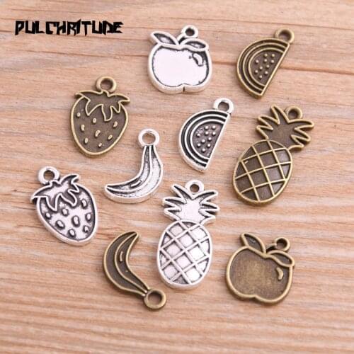 20PCS 5 Style Two Color Pineapple Banana Apple Strawberry Charms Fruit Pendant Jewelry Metal Alloy Jewelry Marking
