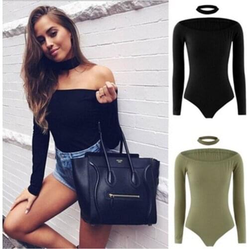 Fashion Simple Skinny Bodysuits Sexy Off Shoulder Solid Bodysuits Women Slash Neck Stretch Long Sleeve Bodysuits Romper