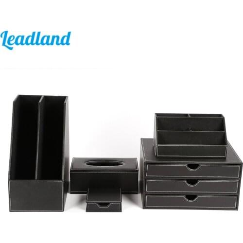 Kingfom 5 Pcs Modern Upscale PU Leather Office Supplies Desk Sets, Stationery Storage Box, Pen Holder Desk Sets Black T08K