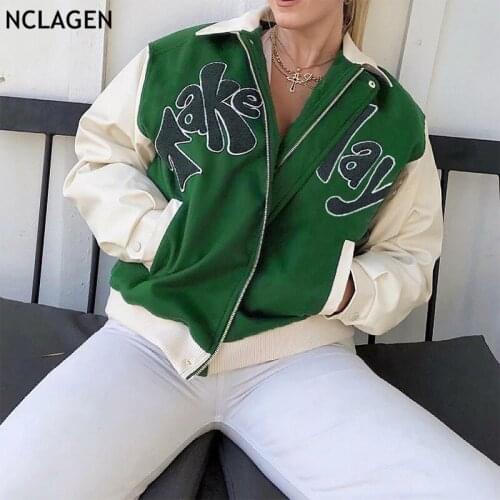 NCLAGEN 2021 Autumn Fashion Turn Down Collar Casual Coat Letter Patchwork Pockets Outerwear Women Loose Jacket Streetwear Coat