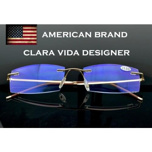 Diamont Cutting Blu Light Blocking Rimless Reading Glasses Ultralight with PU Case America Brand for Gentlemen +0.75~+4.0