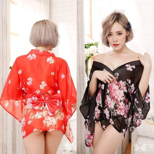 Japanese Style Kimono Dress Underwear Belt Set for Woman Sexy Transparent Floral Sleepwear Oriental Chiffon Nightgown Bathrobe