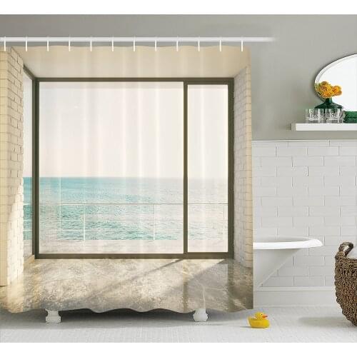 Beach Theme Decor Shower Curtain Apartment Scenery with Wavy Sea Ocean Coastal Home Design Fabric Bathroom Decor with Hooks