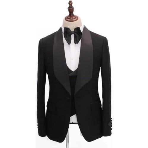 Custom classic Black shawl collar wedding suits for men slim 3-piece bridegroom best man party fashion casual Blazer Jacket+Pant