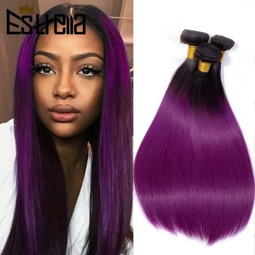 Ombre Straight Human Hair Weaves 3 Bundles T1B Purple Pre Colored Human Hair Bundles 10"-26" Brazilian Remy Hair Extensions