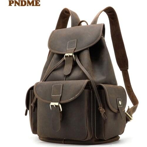 PNDME large capacity crazy horse leather mens womens backpack retro simple travel laptop bookbag genuine leather rucksack