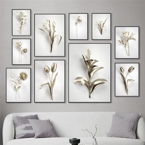 Silvery Flower Luxury Decor Picture Canvas Painting Abstract Flower Bud Wall Art Poster and Print Modern Home Living Room Decor