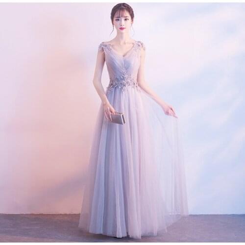 Sexy V-neck Evening Dress 2020 New Fashion Applique Flower Prom Dresses Back Lace Up Floor Length Formal Dress Party Dresses