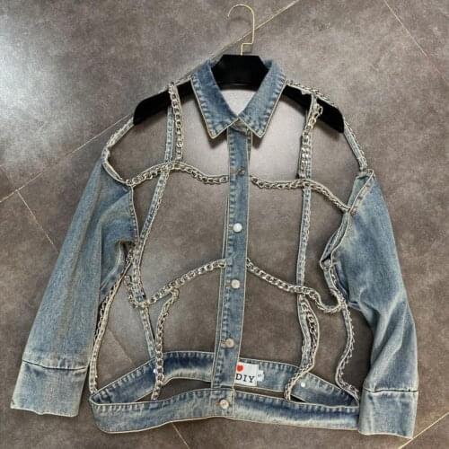 FABPOP 2021 Long Sleeve Chain Hollow Out Turn Down Collar Light Blue Denim Jacket Women Coat Streetwear GB447