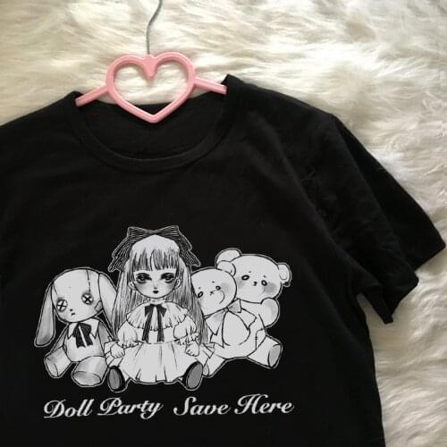 Doll party cartoon bear print Japan kawaii sweet girl cute tops vintage casual Summer Ulzzang Harajuku streetwear women t-shirt
