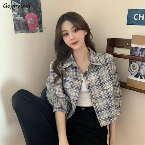 Blouses Shirts Women Summer Three-quarter Sleeve Plaid Crop Top Vintage All-match Students Korean Style Womens Leisure Chic New