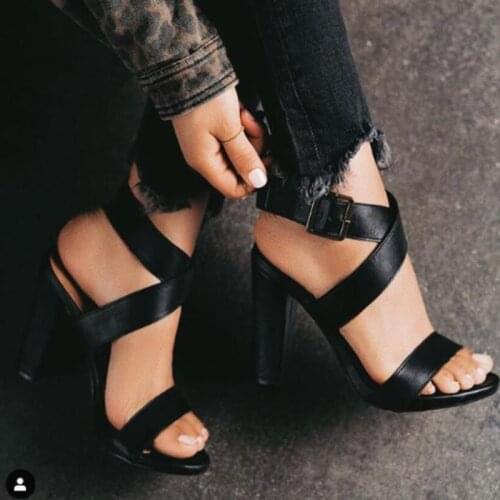 Women Sandals PU Buckle Strap Square heel Open Toed High Heels Women Transparent Heel Sandals Slippers Discount Pumps