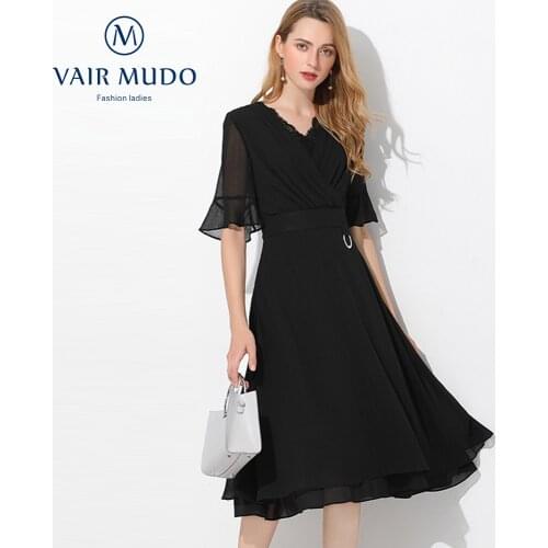 Dress Fashion Womens Clothing Fat Sister Slim Slimming Five-Point Lotus Leaf Sleeve V-Neck Mid Length Chiffon DressY-100