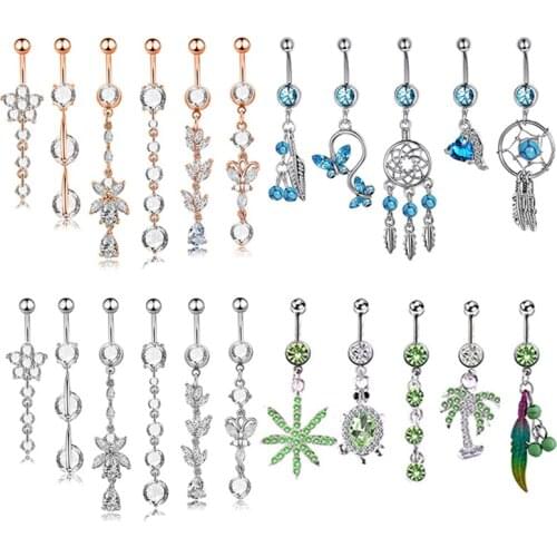 1pc Zircon Belly Button Rings Navel Piercing Stainless Steel Bar Ombligo Dangling Flower Pendant for Woman Sexy Body Jewelry 14G
