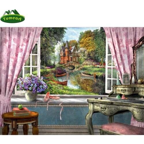 Yumeart Diy Diamond Art Scenery Outside The Window Diamond Painting Full Square Drill Crystal Diamond Embroidery Xmas Landscape