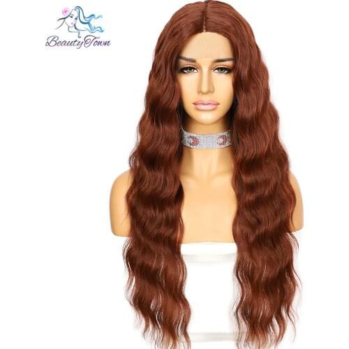 BT Fashion Synthetic Long Water Wave Ginger Red Deep Part Lace Wig for Women Daily Makeup Cosplay Party Christmas Hair Gift 2021