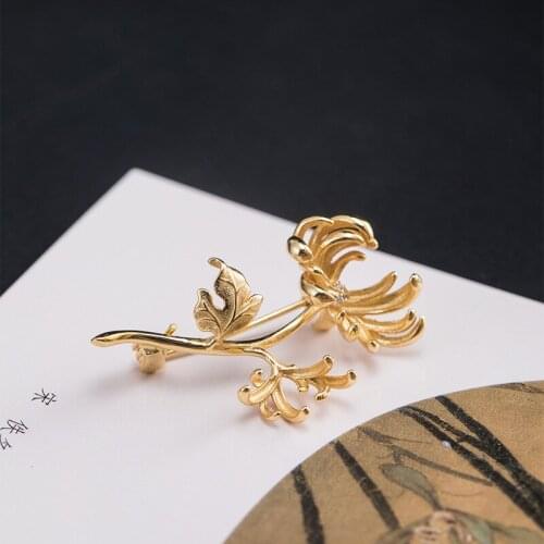 Real 925 Sterling Silver Hollow flowers Inlaid Zircon Pin For Women High Quality Gold Plated Chrysanthemum Dress Brooch