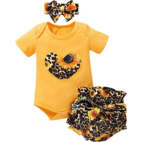 Citgeett Summer 0-18M Newborn Infant Baby Girls Clothes Sets 3pcs Sunflowers Print Short Sleeve Romper Shorts Headband