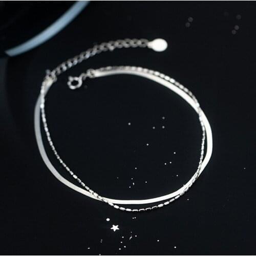 Double Llayer Bracelet On The Leg Jeweler Anklets For Women Silver 925 Foot Leg Flat Snake Chain Oval Beads Friends Gift