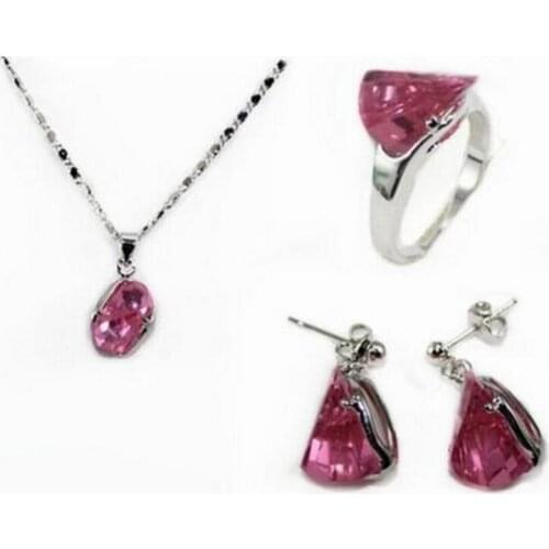 Hot sell new - pretty Pink crystal earrings necklace pendant ring set