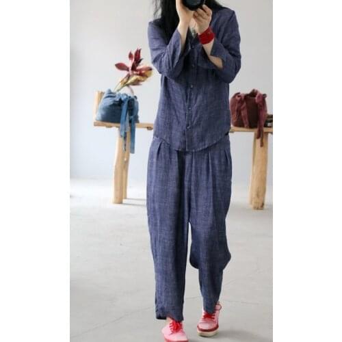 Women Spring Summer Linen Tops+Elastic Waist Pants Female 2020 Flax Suits Ladies Sets Solid Color Shirt+Harem pants