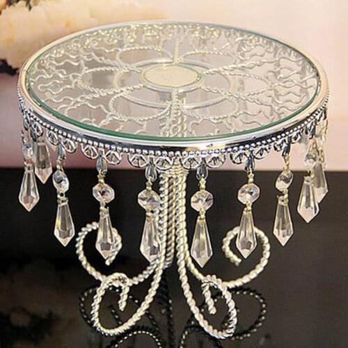 DIA 22cm Round Shape Silver Metal Clear Acrylic Crystal Strand Glass Mirror Fruit Plate Birthday Cake Stand Wedding Decoration