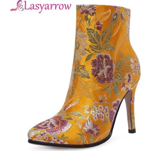Lasyarrow High Heels Ankle Boots For Women Flower Printing Silk Martin Boots Sexy Thin Heel Pointed Toe Autumn Womens Shoes