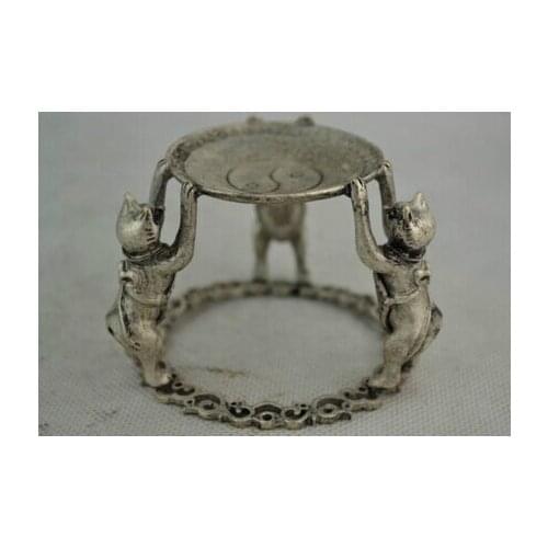 Copper Brass CHINESE crafts Asian Elaborate Chinese Old Decorated Handwork Miao Silver Carving 3 Lovely Cats Candlestick