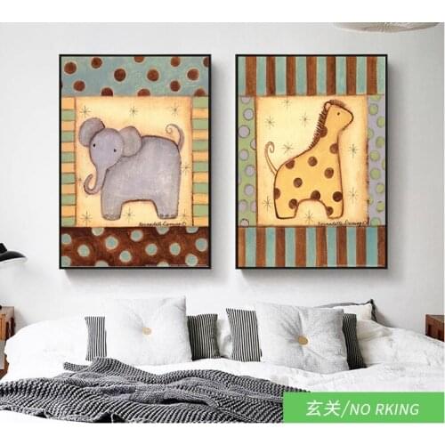 Quardo Cute Cartoon Elephant Giraffe Decorative Painting Childrens Room Kindergarten Mural Wall Art Canvas Wall Painting