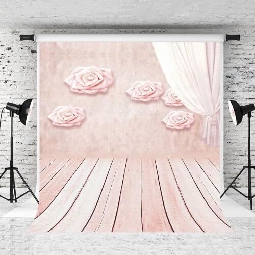 VinylBDS Wood Floor Washable Studio Background Pink Wall Flowers Photography Backdrops Romantic Wedding Valentine Backdrop