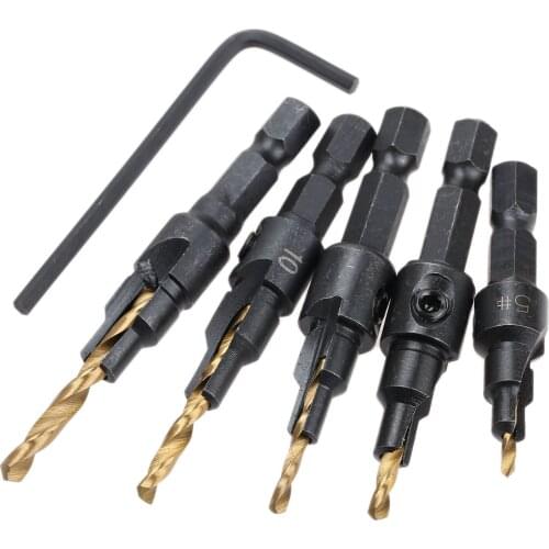 5pcs Countersink Drill Bits Set Woodworking Wood Drilling Holes Hex Shank with Wrench for Screw Sizes #5 #6 #8 #10 #12