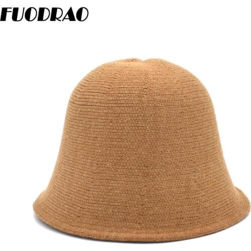FUODRAO New Women Knitted Bucket Hats Autumn Winter Outdoor Panama Classic Solid Color Fisherman Hat Girls Basin Cap M161